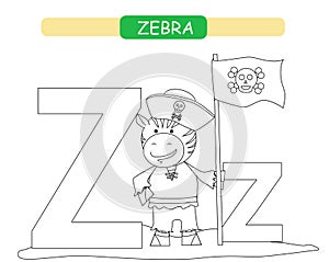 Letter Z and funny cartoon zebra. Coloring page. Animals alphabet a-z. Cute zoo alphabet in vector for kids learning English vocab